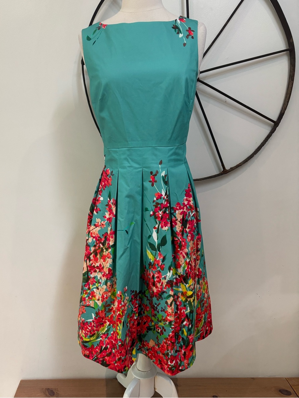 Lafayette 148 New York turquoise floral knee length a line dress 8 M